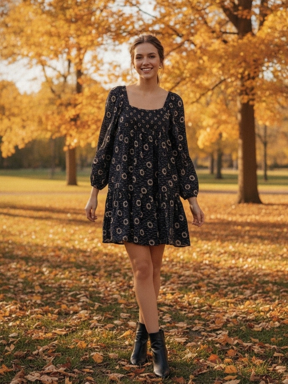 Treasure & Bond Black Floral Square-Neck Tiered Mini Dress